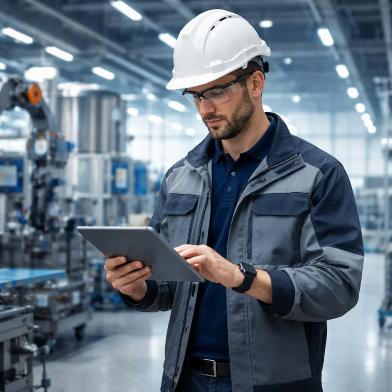 Maintenance technician using Task360 on tablet in factory