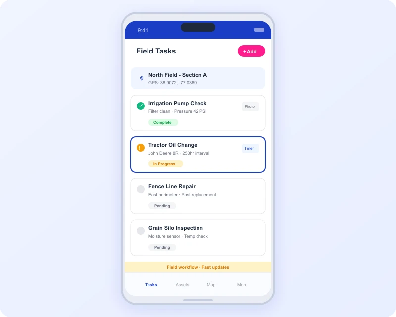 Task360 mobile app showing field maintenance tasks for agriculture