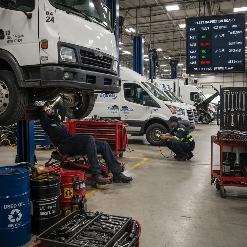 Fleet maintenance garage with technicians inspecting trucks and vans